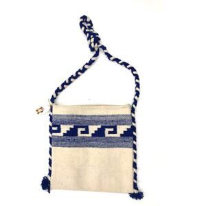 Handwoven Wool Beige Blue Tapestry Crossbody Tote Bag